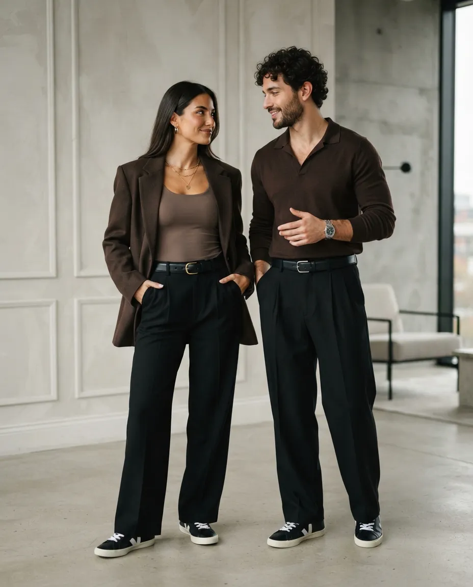 Brown blazer and dark shirt couple outfit with wide-leg trousers