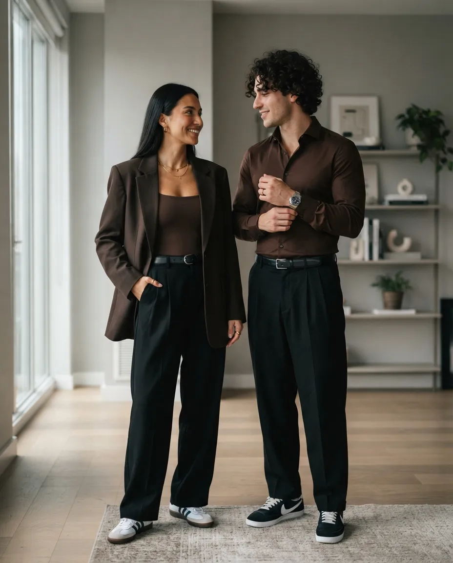 Elegant couple in brown and black outfits modern fashion style
