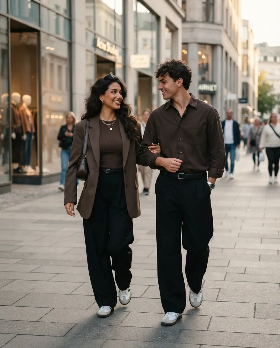Modern brown and black matching outfits for stylish couple