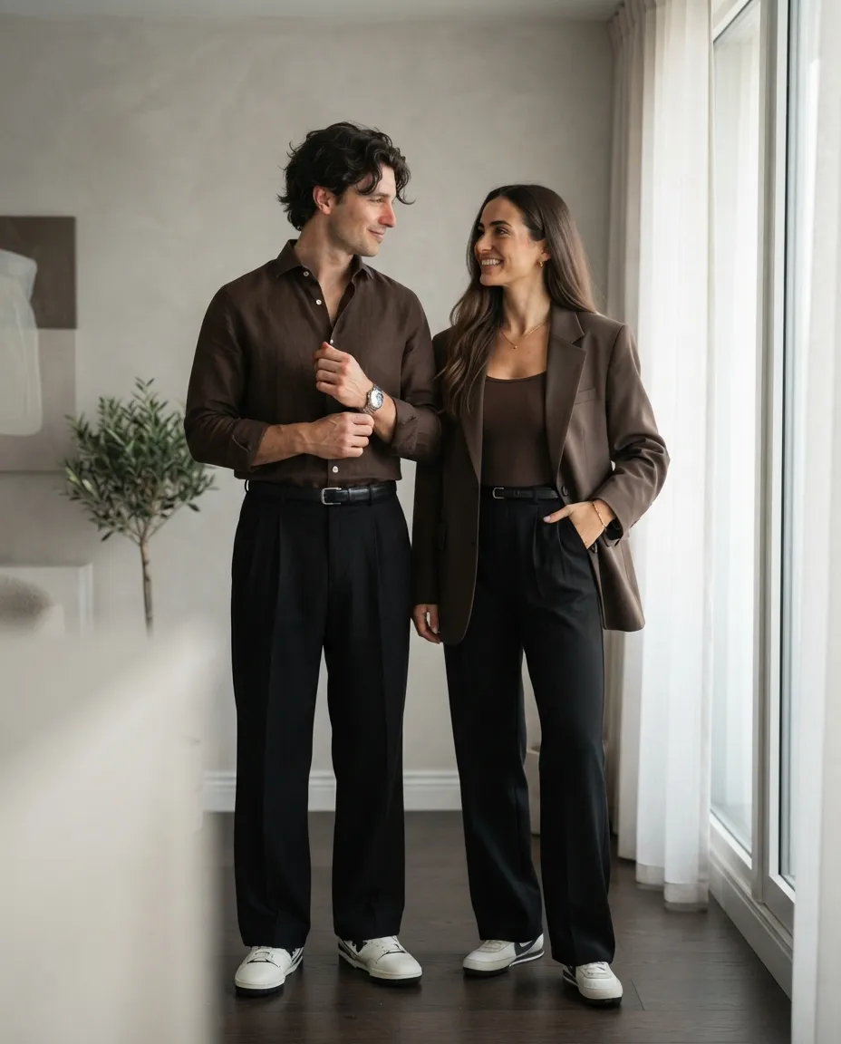 Stylish couple wearing brown shirts and black wide-leg trousers