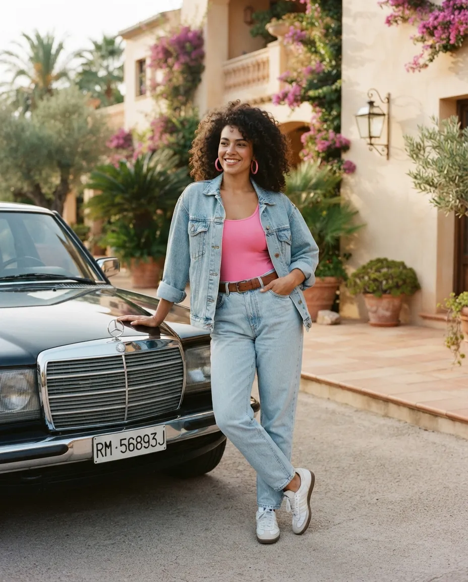 1980s vintage woman in denim outfit posing beside classic luxury car