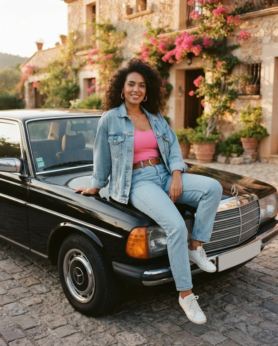 Vintage denim outfit woman sitting on classic car in 1980s style