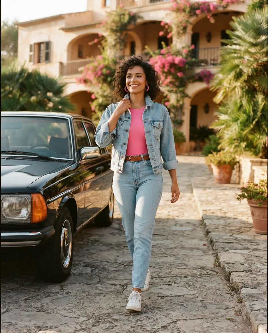 1980s retro denim fashion woman walking beside vintage luxury car