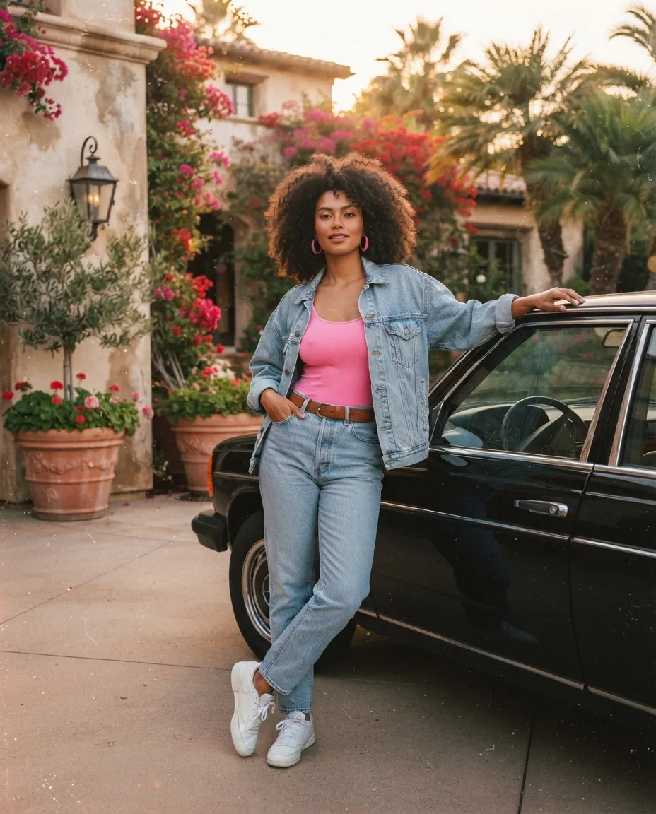 Retro 1980s denim fashion portrait of woman leaning against classic car