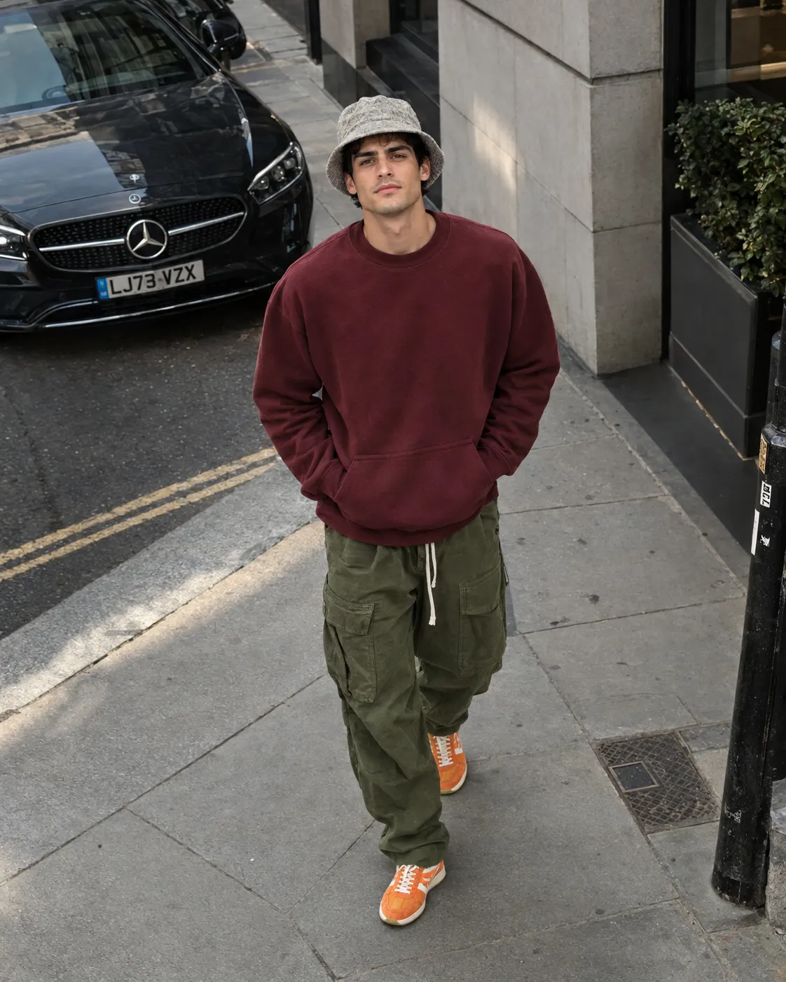 Male urban streetwear model in burgundy sweatshirt and bucket hat