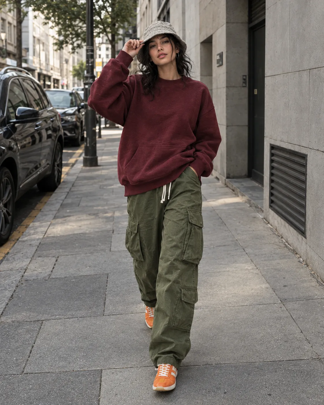 Female urban streetwear model in oversized burgundy sweatshirt and cargo pants