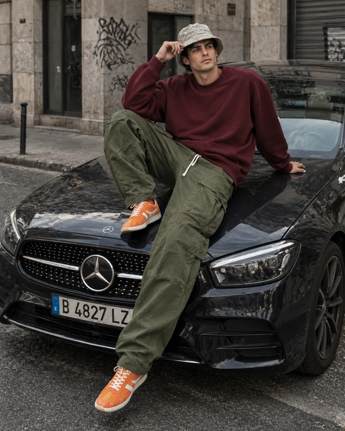 Male model wearing oversized burgundy streetwear outfit in urban setting