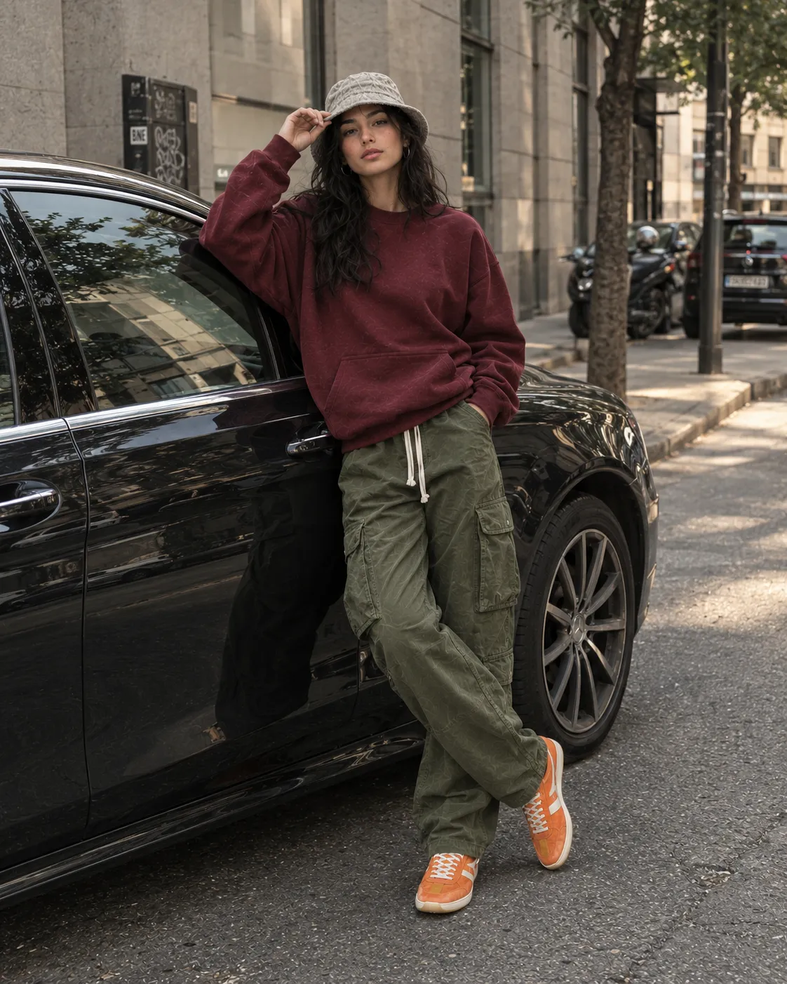 Female streetwear fashion model posing beside luxury car in urban city