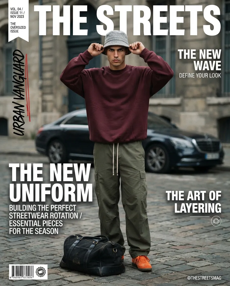Male streetwear model magazine cover with bold masthead and cover lines