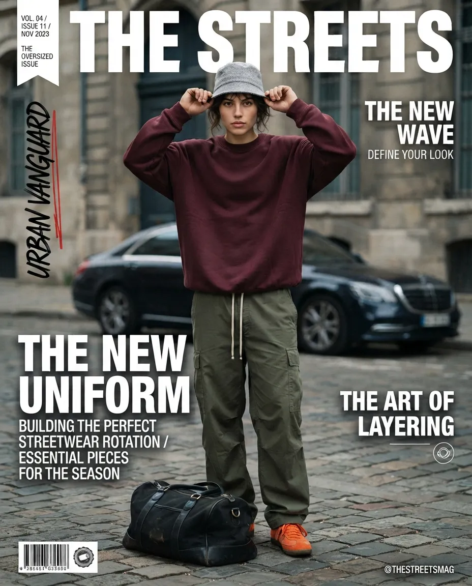 Female streetwear model magazine cover with bold masthead and cover lines