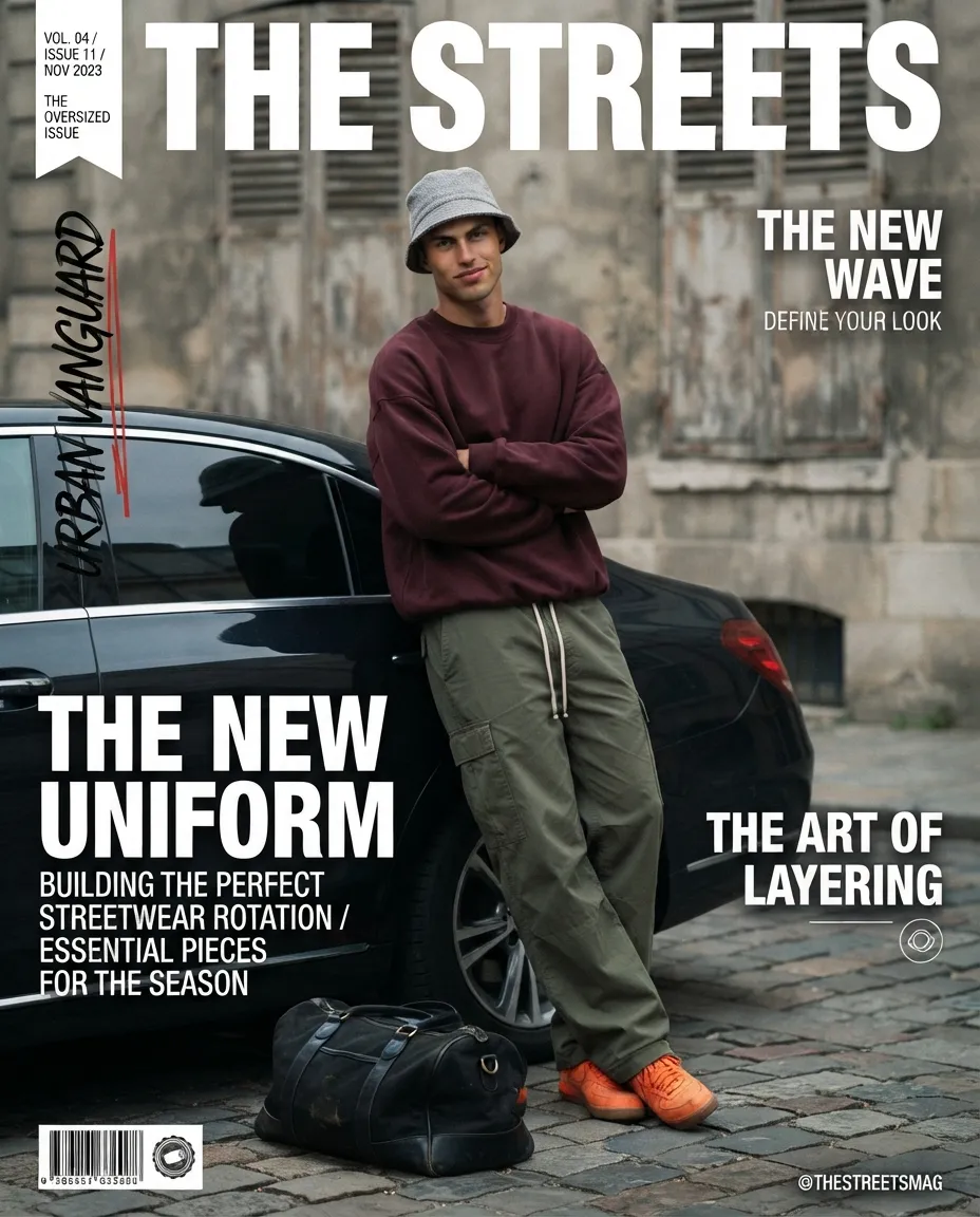 Male streetwear model leaning on car magazine cover with cover textMale streetwear model leaning on car magazine cover with cover text