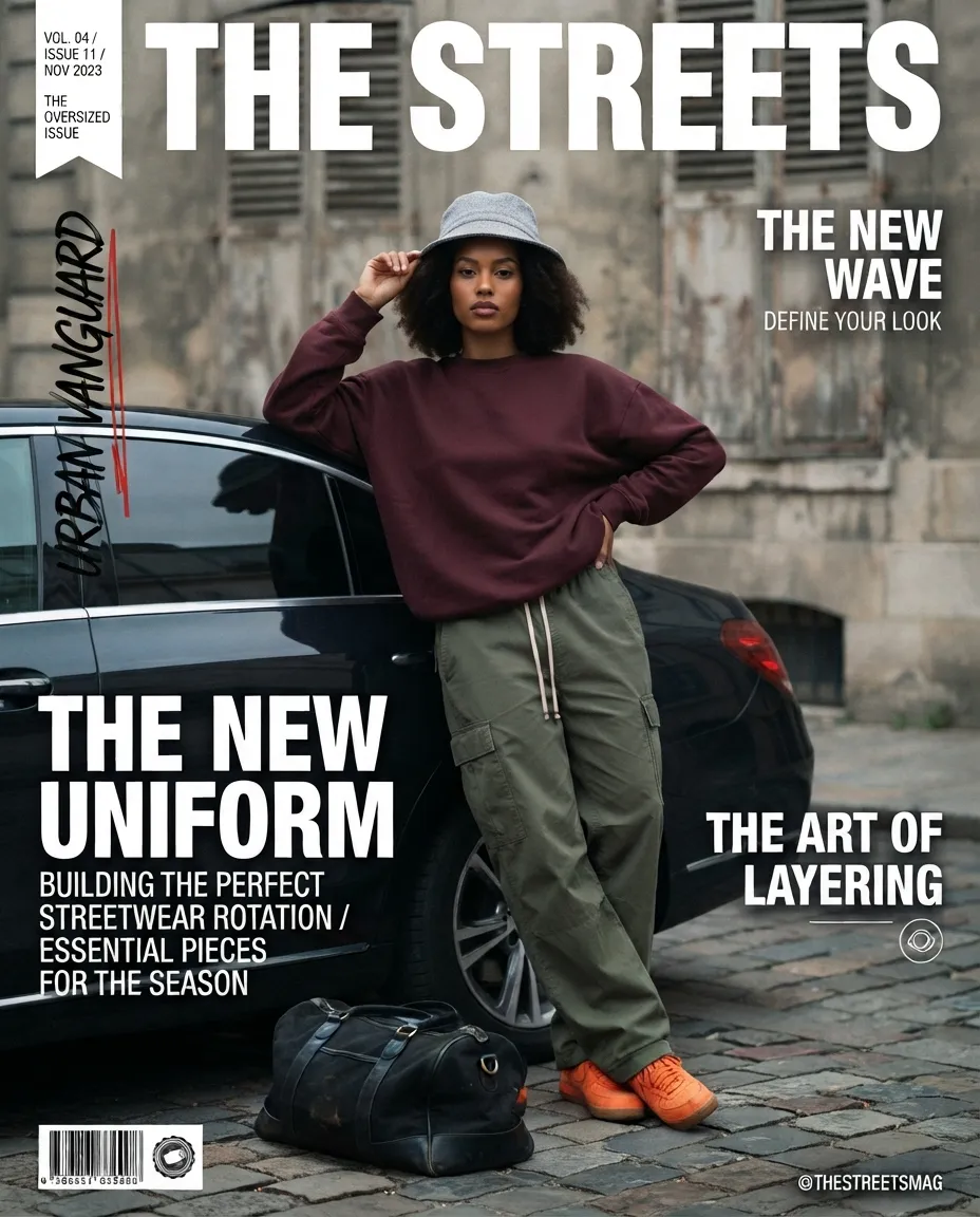 Female streetwear model leaning on car magazine cover Prompt