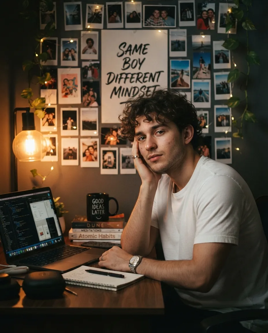 Male aesthetic room portrait resting chin on hand near laptop with warm lamp light Prompt