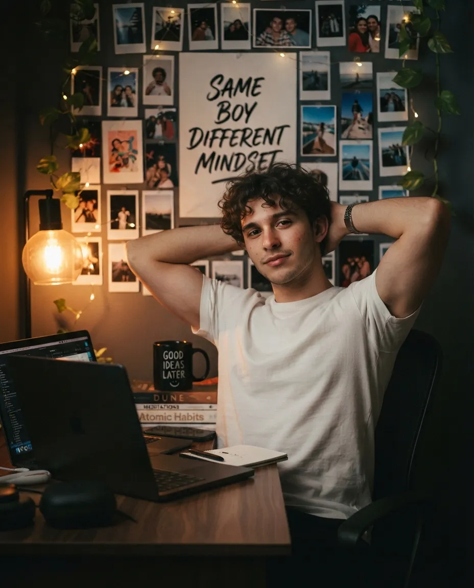 Male aesthetic room portrait leaning back with hands behind head near photo wall Prompt