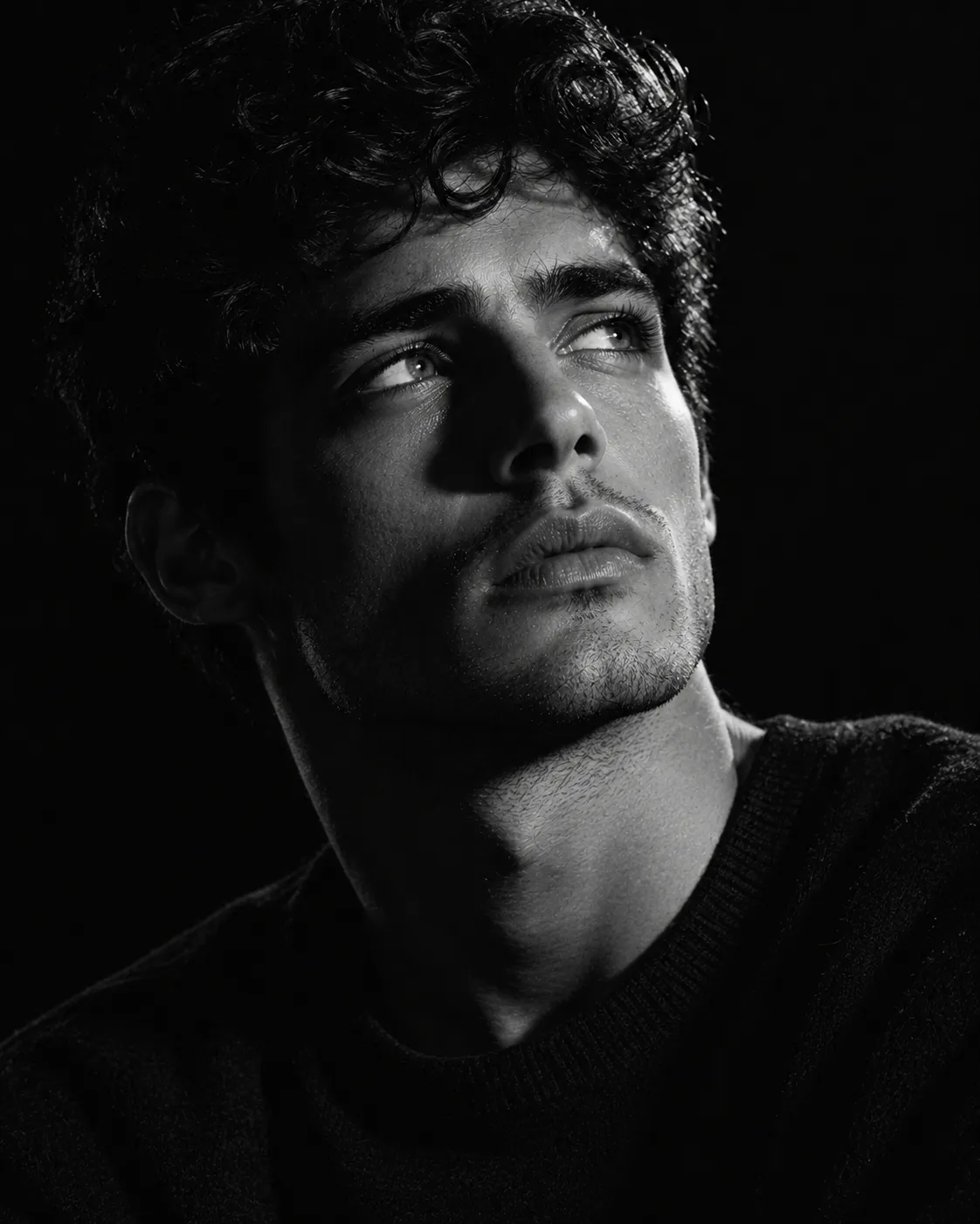 Male dramatic black and white close-up portrait gazing upward