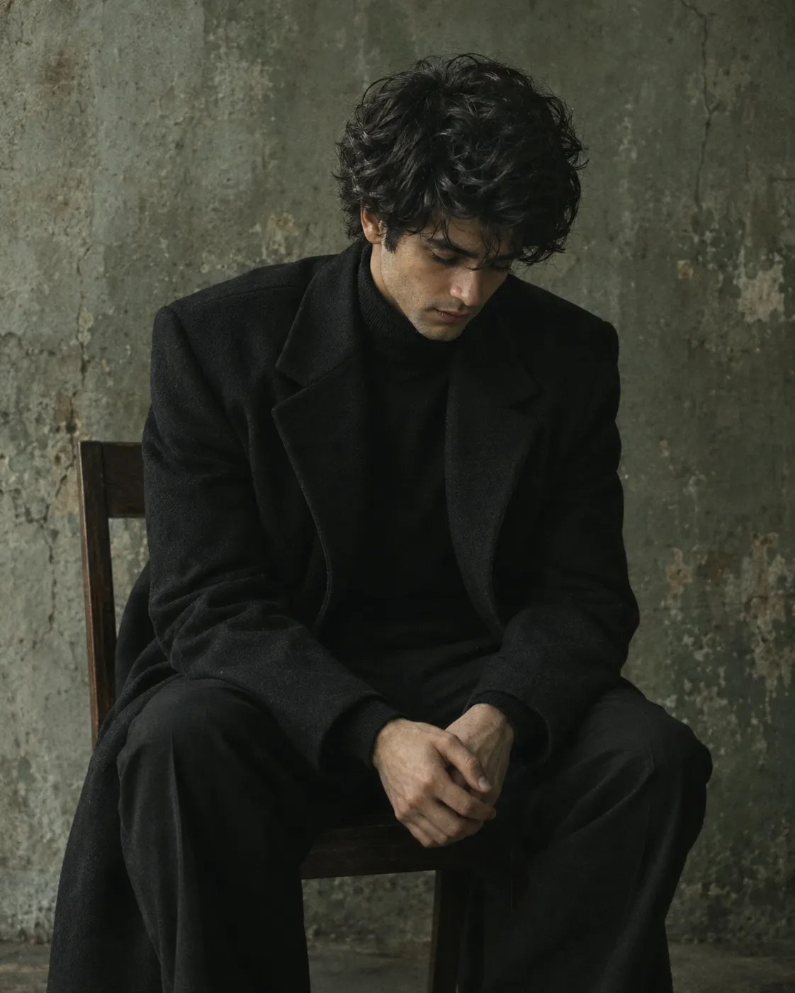 Moody cinematic male portrait in a black tailored suit seated against a weathered concrete wall with muted green tones a